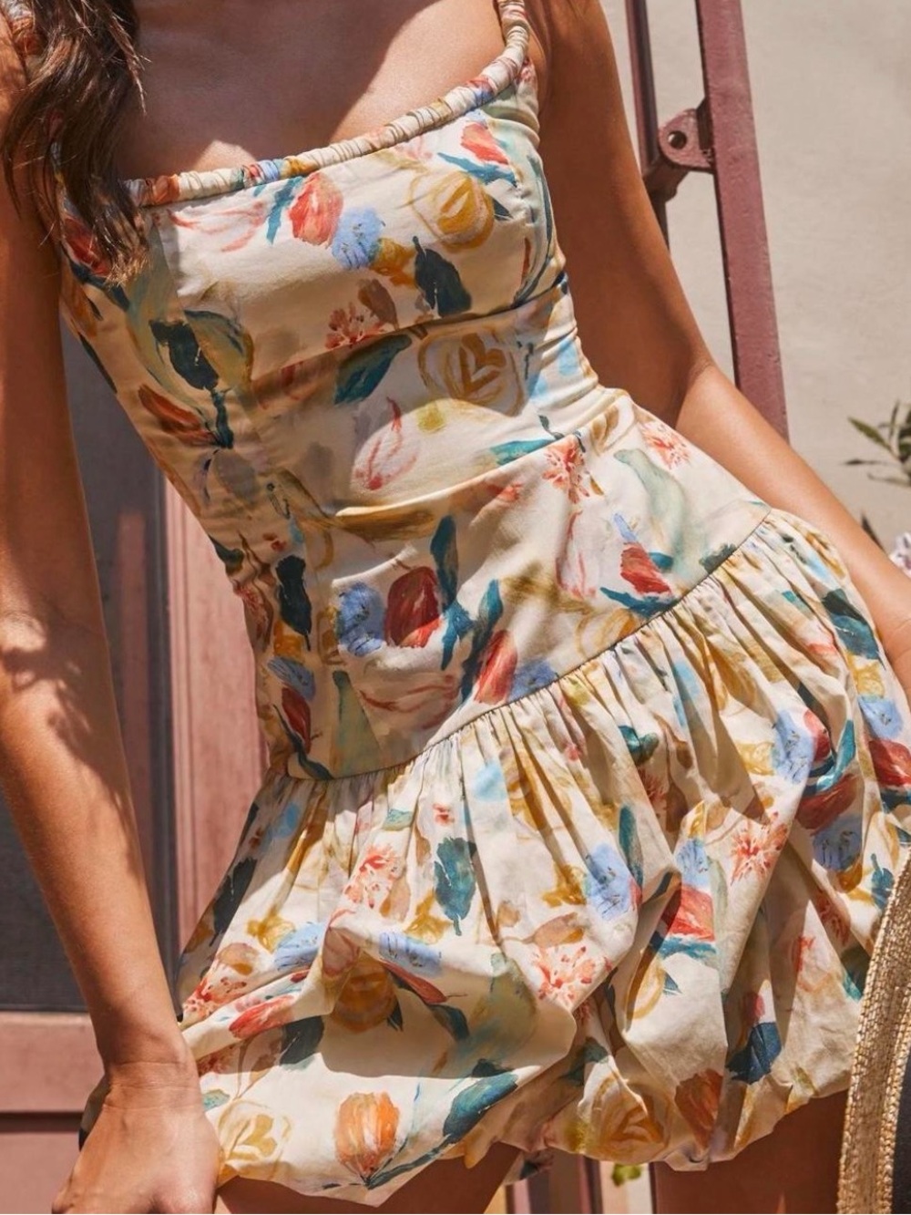 Astr Floral Watercolor Mini Dress in Beige with Multicolor Prints